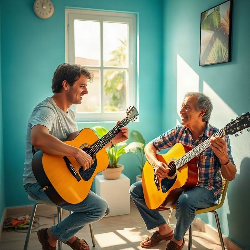Professora e aluno adulto tocando violão juntos em sala iluminada
