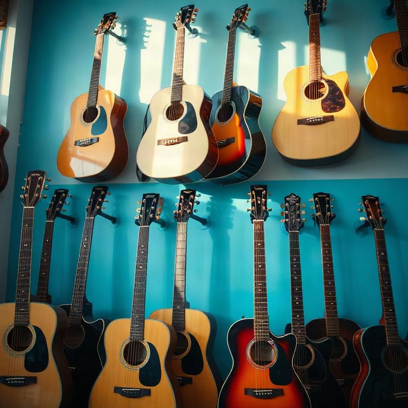 Violões acústicos e elétricos organizados em rack azul dentro da loja