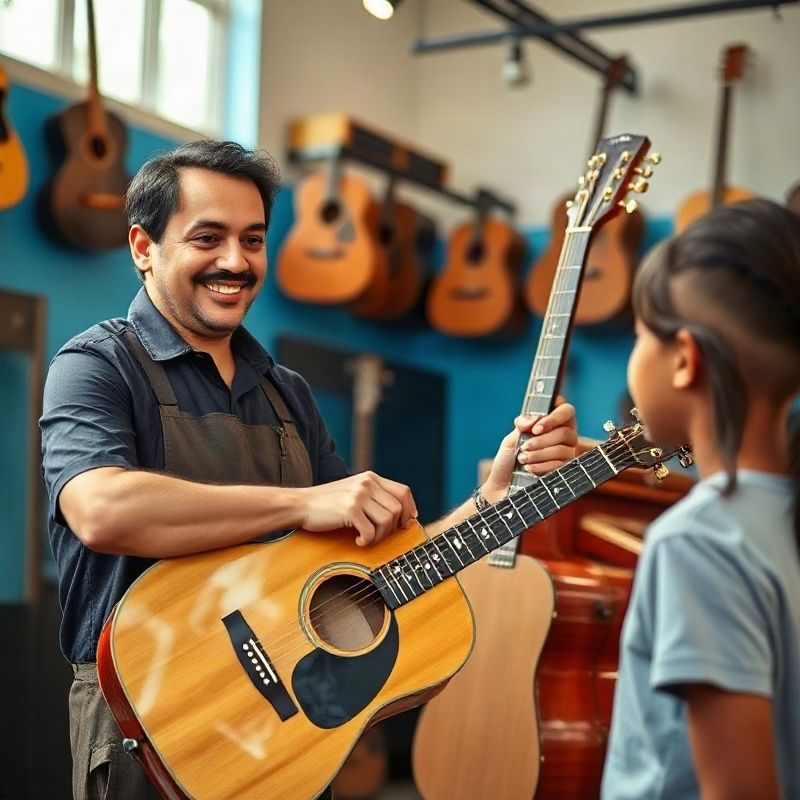Atendente sorridente mostrando um violão Yamaha a um jovem cliente na loja Musiccornerz