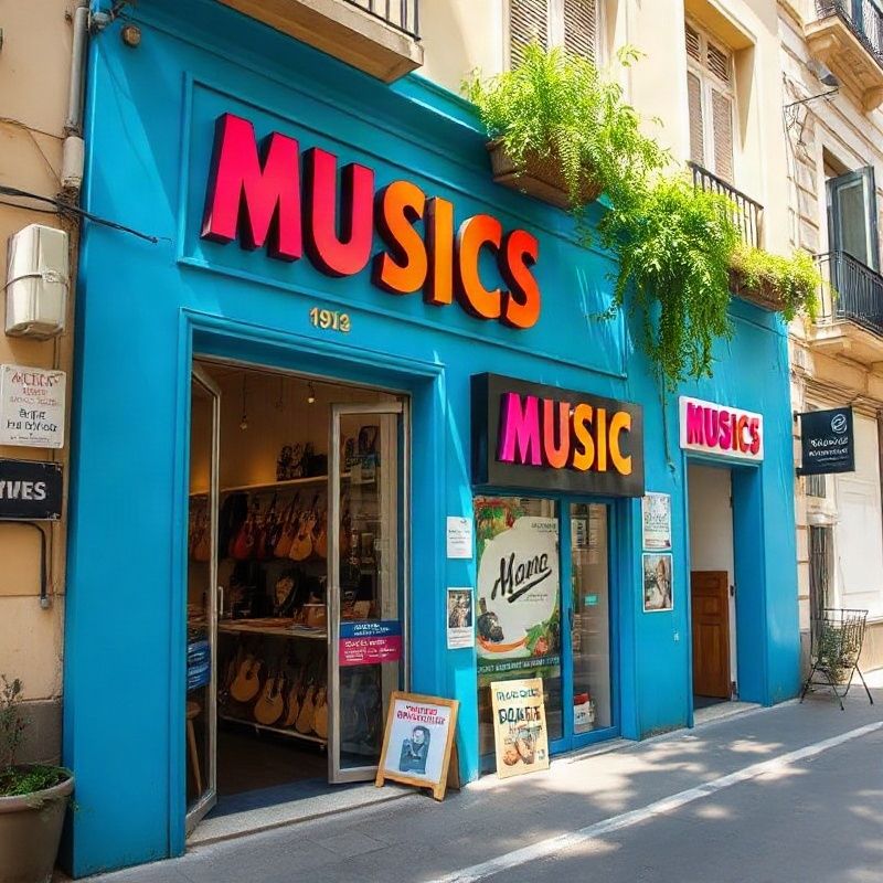 Fachada azul da loja Musiccornerz numa rua ensolarada do Leblon
