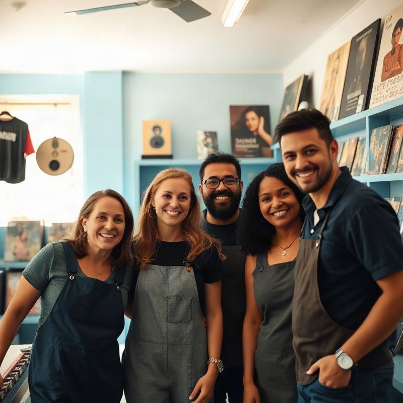 Equipe da Musiccornerz sorrindo dentro da loja de paredes azuis no Leblon